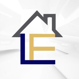 Logo de casa con letras L y F en colores azul y dorado sobre fondo blanco.