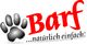 Pfotenabdruck und der Text "Barf ...natürlich einfach!" in roter und schwarzer Schrift.