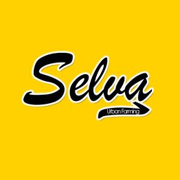 Texto "Selva Urban Farming" en negro sobre fondo amarillo.
