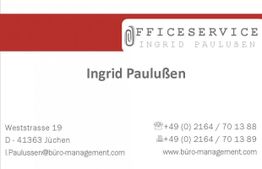 Visitenkarte mit Kontaktdaten von Ingrid Paulußen, Officemanagement in Jüchen.