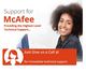 Smiling woman at a computer offering McAfee technical support. Call for immediate help.