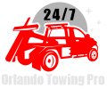 Red tow truck with "24/7" on top; text below reads "Orlando Towing Pro."