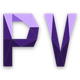 Texte géométrique violet "PV" sur fond transparent.