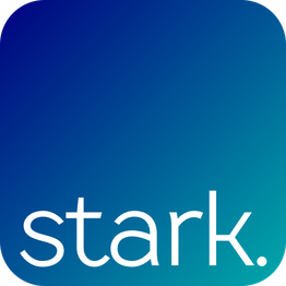 Blauer Farbverlauf-Hintergrund mit weißem Text "stark." unten links.