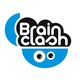 Logo mit Text "Brainclash", stilisierten Wolken und Augen auf blauem und schwarzem Hintergrund.