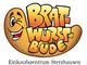 Comic-Wurst mit Gesicht und Text "Brat-Wurst-Bude". Darunter steht "Einkaufszentrum Sterzhausen".