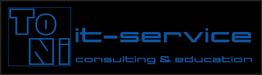 Schwarzes Logo, blauer Text: "TONI it-service consulting & education".