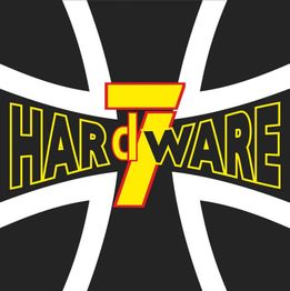 Logo mit schwarzem Hintergrund, gelber Schrift "Hardware 7" und weißem Kreuz.