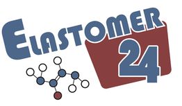 Logo mit dem Text "Elastomer 24" und einer chemischen Molekülstruktur in Blau und Rot.
