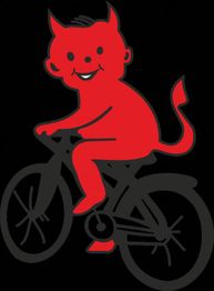 Roter Teufel auf einem Fahrrad mit schwarzem Hintergrund, lächelnd und mit Hörnern und Schwanz.