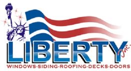 Liberty Inc. logo with a waving flag and Statue of Liberty. Text: Windows, Siding, Roofing, Decks, Doors.