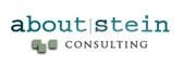 Logo mit Text "about|stein CONSULTING" und drei kleinen grauen Quadraten links unten.