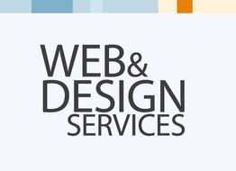 Text: "Web & Design Services" auf grauem Hintergrund mit buntem Streifen oben.