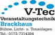 V-Tec Logo mit blauen Punkten, "Veranstaltungstechnik Brackhaus" und einer Telefonnummer.