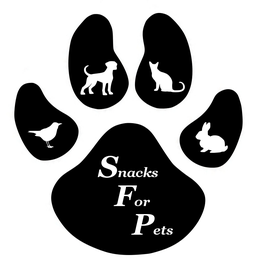Pfotenabdruckdesign mit Silhouetten von Hund, Katze, Vogel, Kaninchen; Text: "Snacks For Pets".