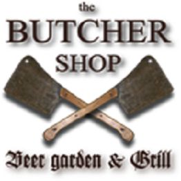Two cleavers crossed under "The Butcher Shop Beer Garden & Grill" text.