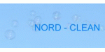 Blauer Hintergrund mit Blasen und Text "NORD - CLEAN" in blauer Schrift.