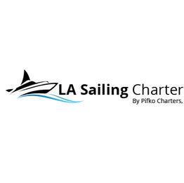 Logo of LA Sailing Charter with a stylized boat and wave design.