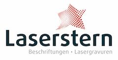 Logo von Laserstern mit einem roten, gepunkteten Stern und dem Untertitel "Beschriftungen, Lasergravuren".