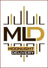 Logo mit den Buchstaben "MLD" und Text "Moonlight Delivery" in Braun und Gold auf weißem Hintergrund.