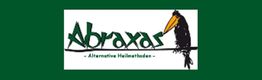 Logo mit Schriftzug "Abraxas" und einem schwarzen Vogel mit orangefarbenem Schnabel auf grünem Hintergrund.