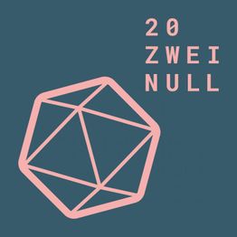 Geometrische Form und Text "20 ZWEI NULL" in Rosa auf blauem Hintergrund.