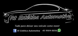Silhueta de carro com texto: "Rt Estética Automotiva". Contato e redes sociais abaixo.