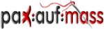 Logo mit Nadel und Faden, Text: pax:auf:mass in Schwarz und Rot.