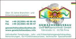 Visitenkarte Gewächshausbau Uwe Schaarschmidt GmbH mit Kontaktinformationen und Logo.