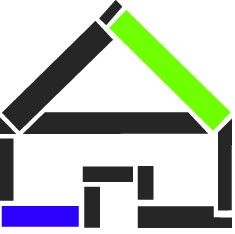 Abstracte huisvorm gemaakt van gekleurde rechthoeken: zwart, groen, en blauw.