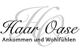Schriftzug "Haar Oase" mit Slogan "Ankommen und Wohlfühlen" in eleganter Schriftart.