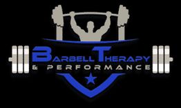 Logo with a lifter silhouette, weights, and text: "Barbell Therapy & Performance."