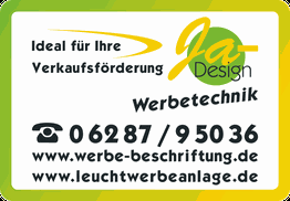 Visitenkarte mit Kontaktinfos für JaDesign Werbetechnik und zwei Webseiten.