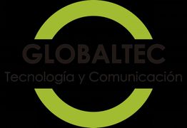 Logo con el texto "GLOBALTEC Tecnología y Comunicación" en un anillo verde sobre fondo negro.