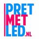 Logo met de tekst "Pret met LED.nl" in blauw en roze kleuren.