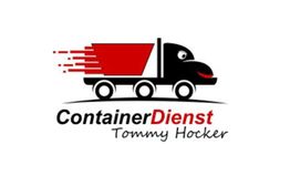 Logo mit schnell fahrendem Lastwagen, Text: „ContainerDienst Tommy Hocker“.