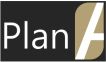 Schwarzes Logo mit weißem Schriftzug "Plan" und einem stilisierten, goldfarbenen Buchstaben "A".