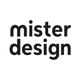 Zwart-wit logo met de tekst "mister design" in kleine letters.