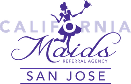Silhouette of a maid with a duster, text reads "California Maids Referral Agency."