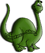 Grüner Cartoon-Dinosaurier mit langem Hals und einem Lächeln. Text: "Dinotec-Show".