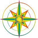 Bunte Windrose mit sieben Zacken, kunstvoll und geometrisch gestaltet auf weißem Hintergrund.