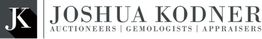 Logo for Joshua Kodner: Auctioneers, Gemologists, Appraisers with initials "JK" in black and white.