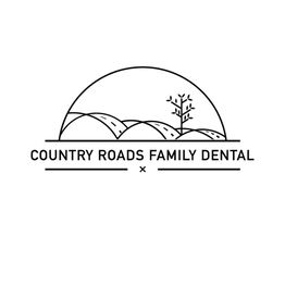 Logo with hills, road, and tree for Country Roads Family Dental.