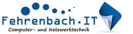 Logo von Fehrenbach-IT, Computer- und Netzwerktechnik mit blauen Punkten und Symbol.