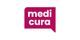 Rode tekstballon met het witte logo van "medicura".
