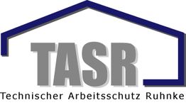 Logo von TASR: Technischer Arbeitsschutz Ruhnke, graue Buchstaben unter einem blauen Dach.