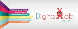 Logo di agenzia web con servizi di marketing, design e stampa su sfondo bianco.