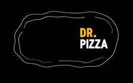 Texto "Dr. Pizza" en fondo negro con un dibujo irregular blanco alrededor.
