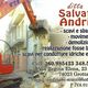 Escavatore arancione demolisce un edificio; contatti e servizi di Salvatore Andriani a destra.