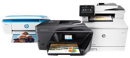 Three HP printers printing photos and documents in color.
